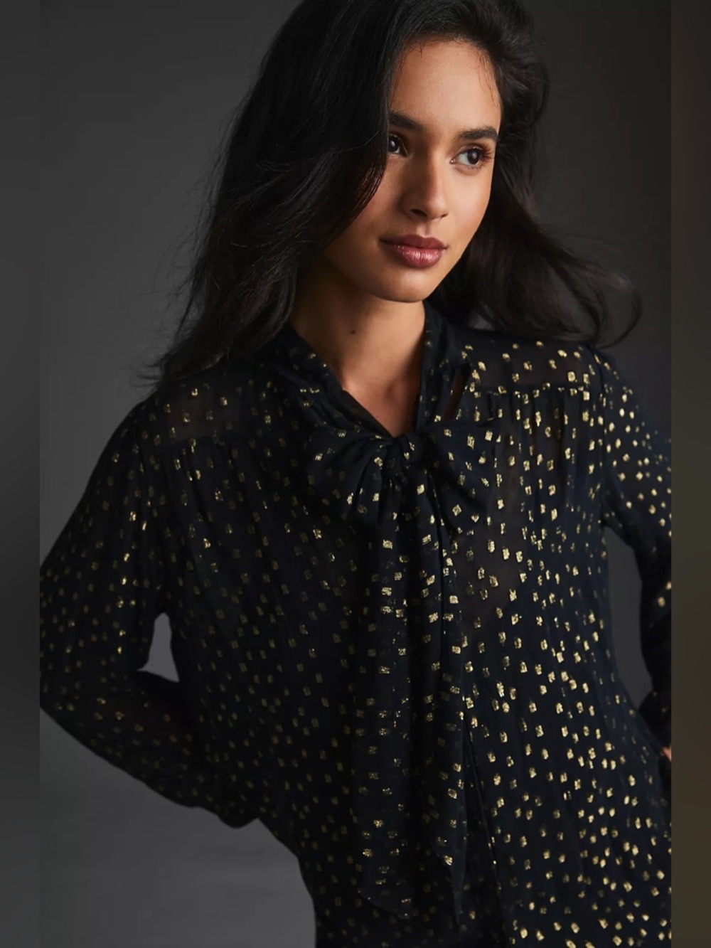 Anthropologie Metallic Tie-Neck Blouse
